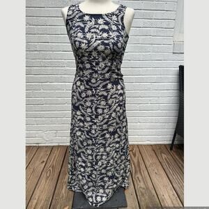 Vintage Navy Cream Floral Printed Maxi Dress